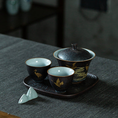 5pcs/lot Pottery Teaset Gaiwan Matching Teacup Crane Relief Tea Plate Brush Rack
