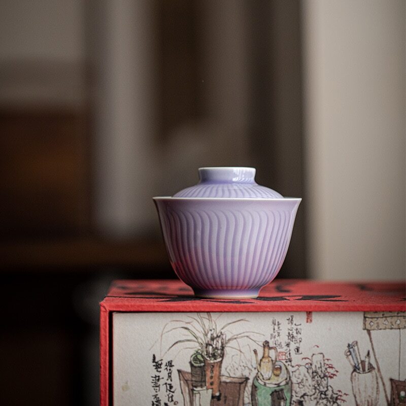 Hand Painted Flowers Gaiwan for Tea Ceramic Stripe Tureen Teaware Set Purple