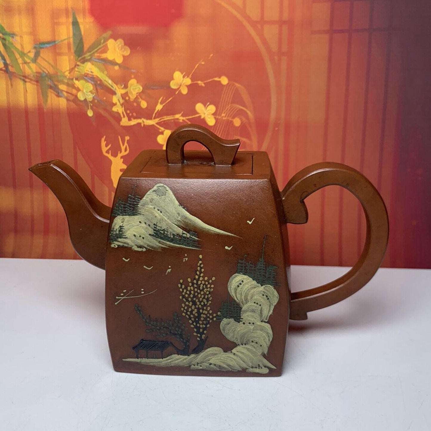 Vintage China Yixing Purple Clay Teapot Zisha Ceremony Painted Landscape Tea Set