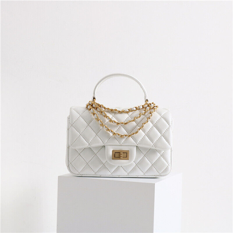 Small Quilted Lambskin Leather Handle Chain Tote Shoulder bag Crossbody Purse
