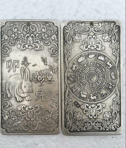 12Pc Chinese Old Ancient Twelve Zodiac Tibetan Silver Bullion Thanka Amulet Set