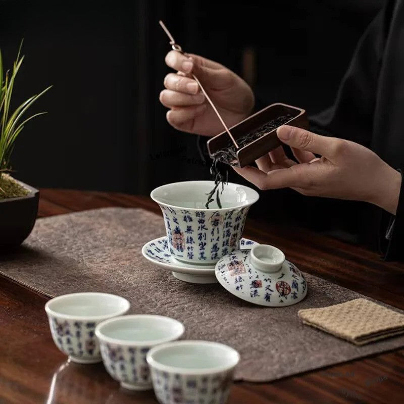200ml Ceramic Blue and White Gaiwan Handwritten Poetry Prose Tea Tureen Teaware