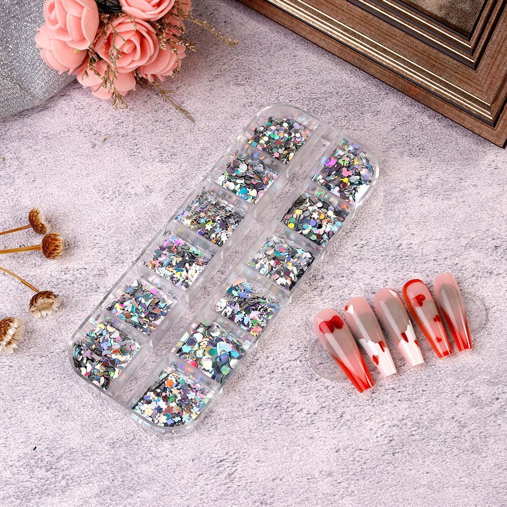 Nail Glitter Polish 12 Grids Colorful Mirror Effect Shimmer Pearl Powder Pigment