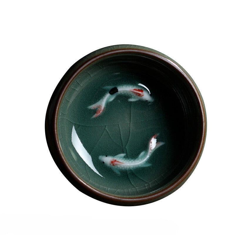 longquan porcelain tea cup crackle glaze brother kiln serving cup double fish