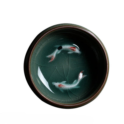 longquan porcelain tea cup crackle glaze brother kiln serving cup double fish