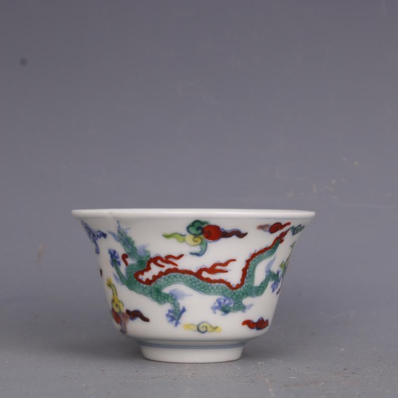 2.8" China Ming Blue White Doucai Contrasting Colors Porcelain Animal Dragon Cup