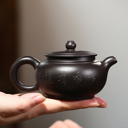 True Yixing Zisha Zhu Black Clay Pot Marked Lotus Carved Handmade Master Tea Pot