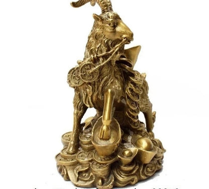 Chinese Brass Copper Auspicious Fengshui Wealth Money Yuanbao Sheep Goat Statue