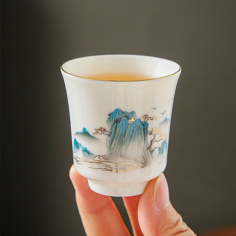 Chinese Tea Set Fat Mutton Jade Porcelain Gaiwan Pitcher Tea Cup Mountain Print