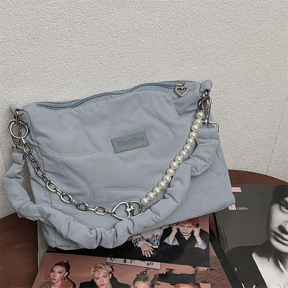 Heart Thread Bag Chain Shoulder Bag Zipper Beaded Handbag Black Brown White Pink