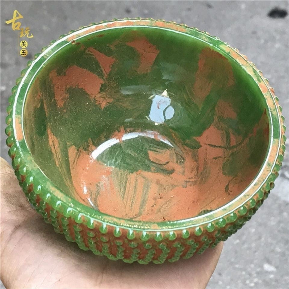 China Ancient Handicrafts Jade Green Bowl Collection Carving Statue Ornament