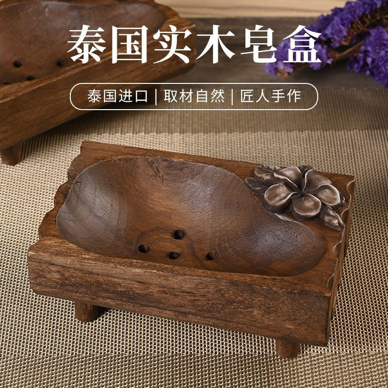Thai Handmade Solid Wood Soap Dish 15cm Vintage Drain Soap Holder for Bathroom
