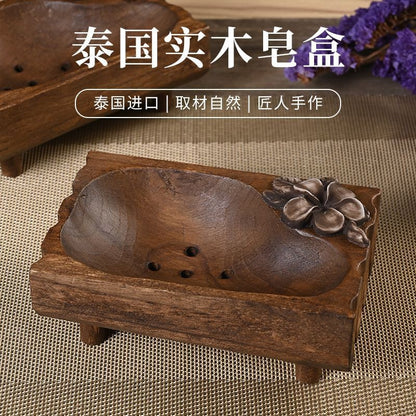 Thai Handmade Solid Wood Soap Dish 15cm Vintage Drain Soap Holder for Bathroom