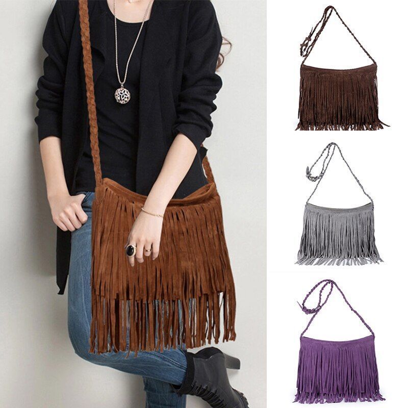 Fringed Leather Shoulder Bag Adjustable Knitting Strap Soft Messenger Bags 1 PC