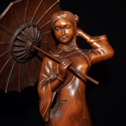 Ornament Boxwood carving Chinese traditional beauty holding umbrella girl statue