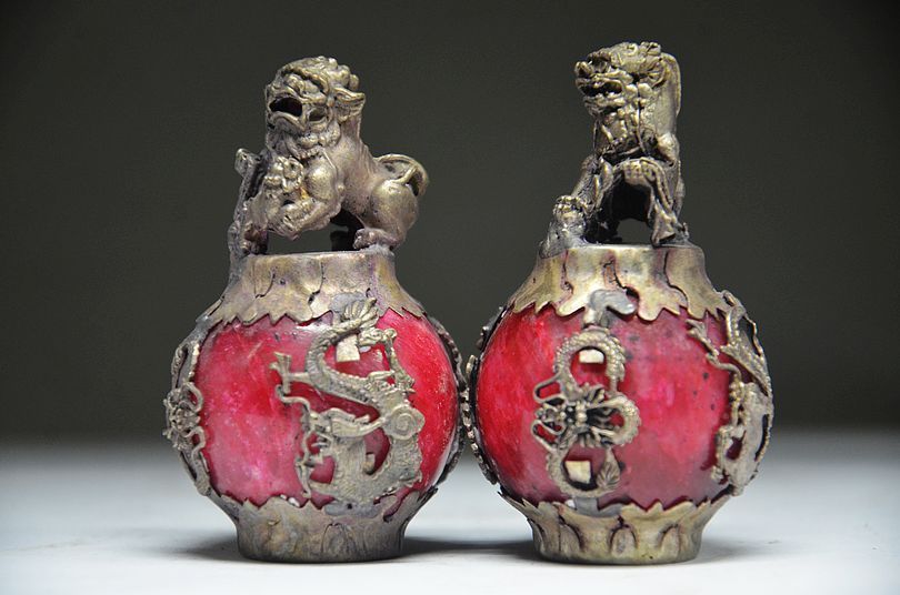 CHINESE PAIR OF Tibet SILVER DRAGON Jade Foo dog STATUE Gift!