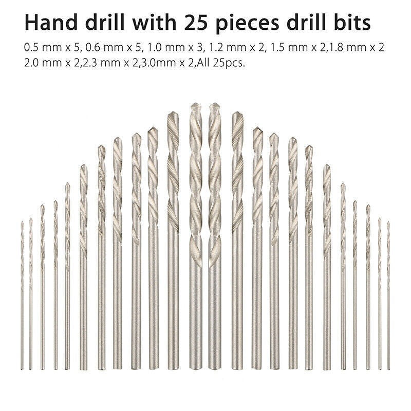 26pcs Micro Hand Drill Bits Small Manual Keyless Chuck Pin Vise Rotary Tool Kit