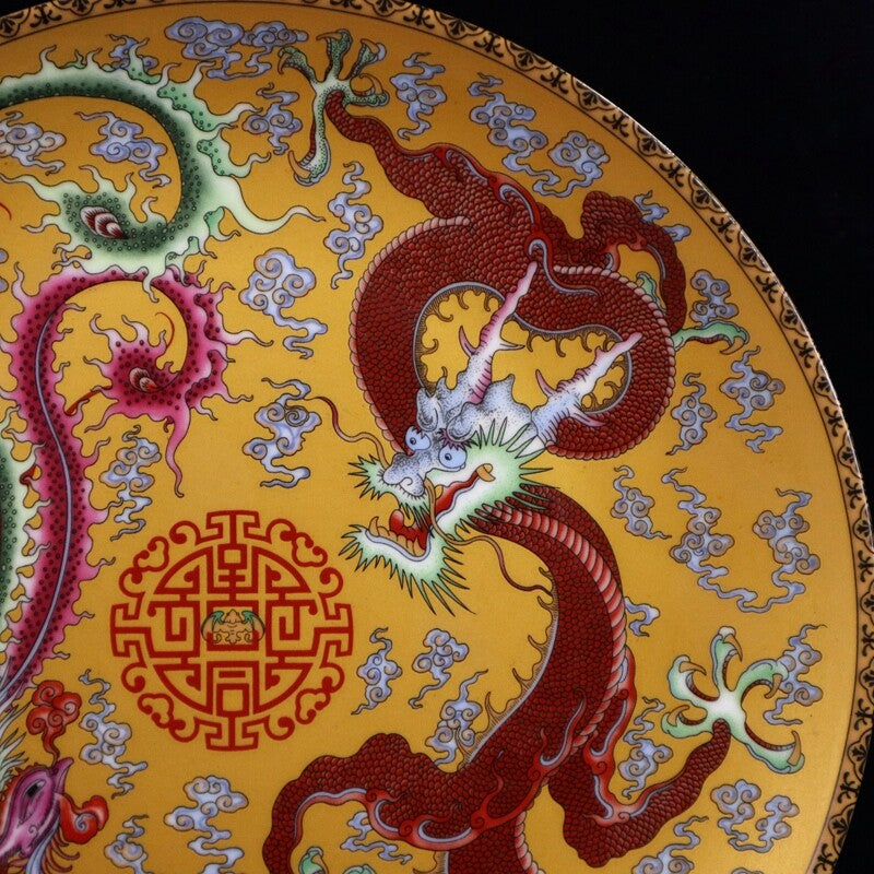 Old Chinese powder color porcelain Dragon phoenix pattern plate yellow Qianlong