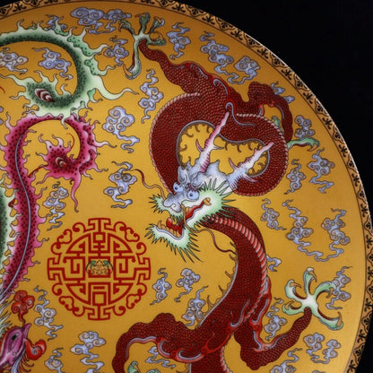 Old Chinese powder color porcelain Dragon phoenix pattern plate yellow Qianlong