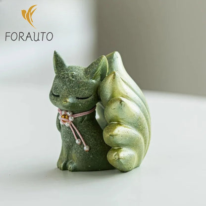 Green sandstone nine-tailed fox tea pet green tea statue ornament -