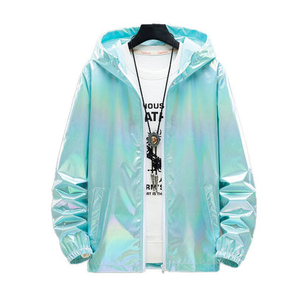 Women Men Hooded Coat Iridescent Shiny Holographic Jacket Top Fashion Hip Hop