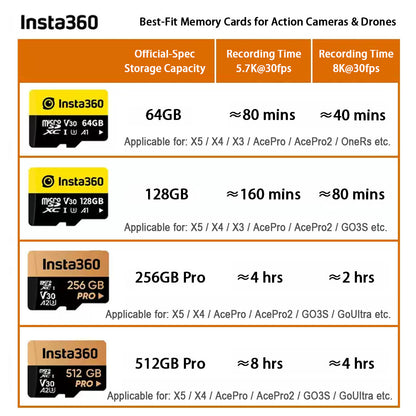 Insta360 MicroSD Memory Card V30, A1/A2 UHS-I, 90 MB/s Read / Write Speed