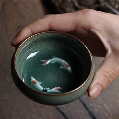 Rare Porcelain Tea Cup Crackle Glaze Ge Kiln Cup Handmade Color Double Fish