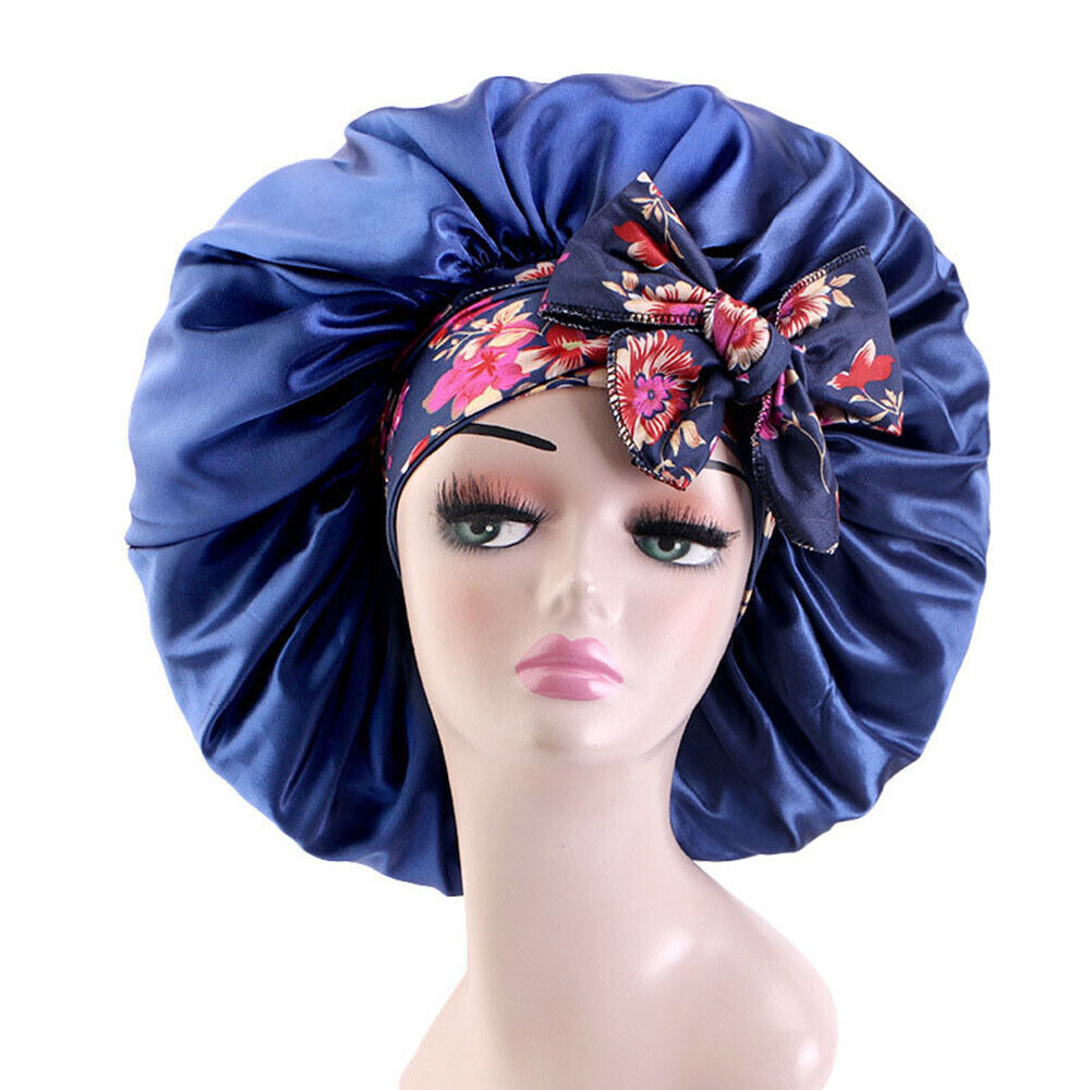 Women Large Double Layer Print Satin Bonnet Adjustable Shower Cap Bonnet Hat
