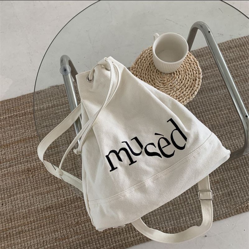 Embroidered Backpacks Canvas Drawstring School Bags Large Capacity Green/Brown