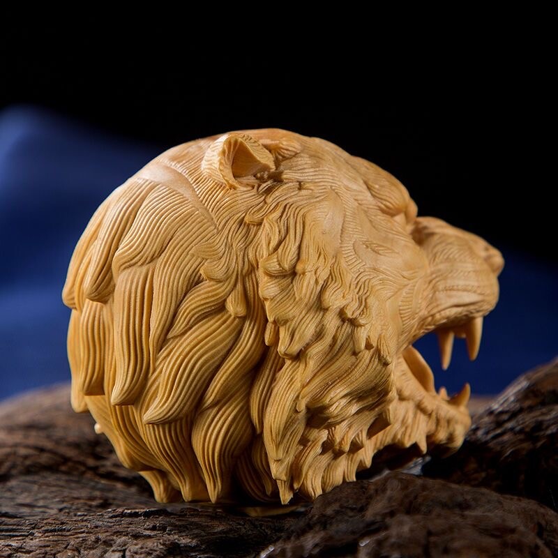 WOODEN BOXWOOD HANDMADE TIGER HEAD STATUE NETSUKE COLLECTION HAND PIECE