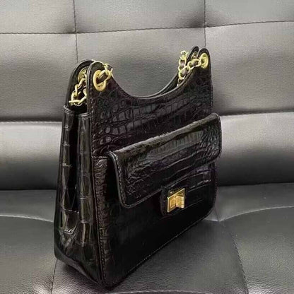 Black Alligator Crocodile Belly Skin Chain Bag, New Desinger Women's Shouler Bag