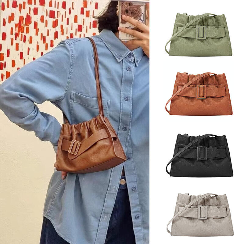 Real Leather Oversized Buckle Scrunchy Soft Ruched Clutch Shoulder bag Crossbody