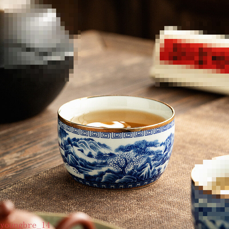 Jingdezhen-Hand-painted Blue and White Cup, Inlaid with Gold Ceramic Tea Bowl