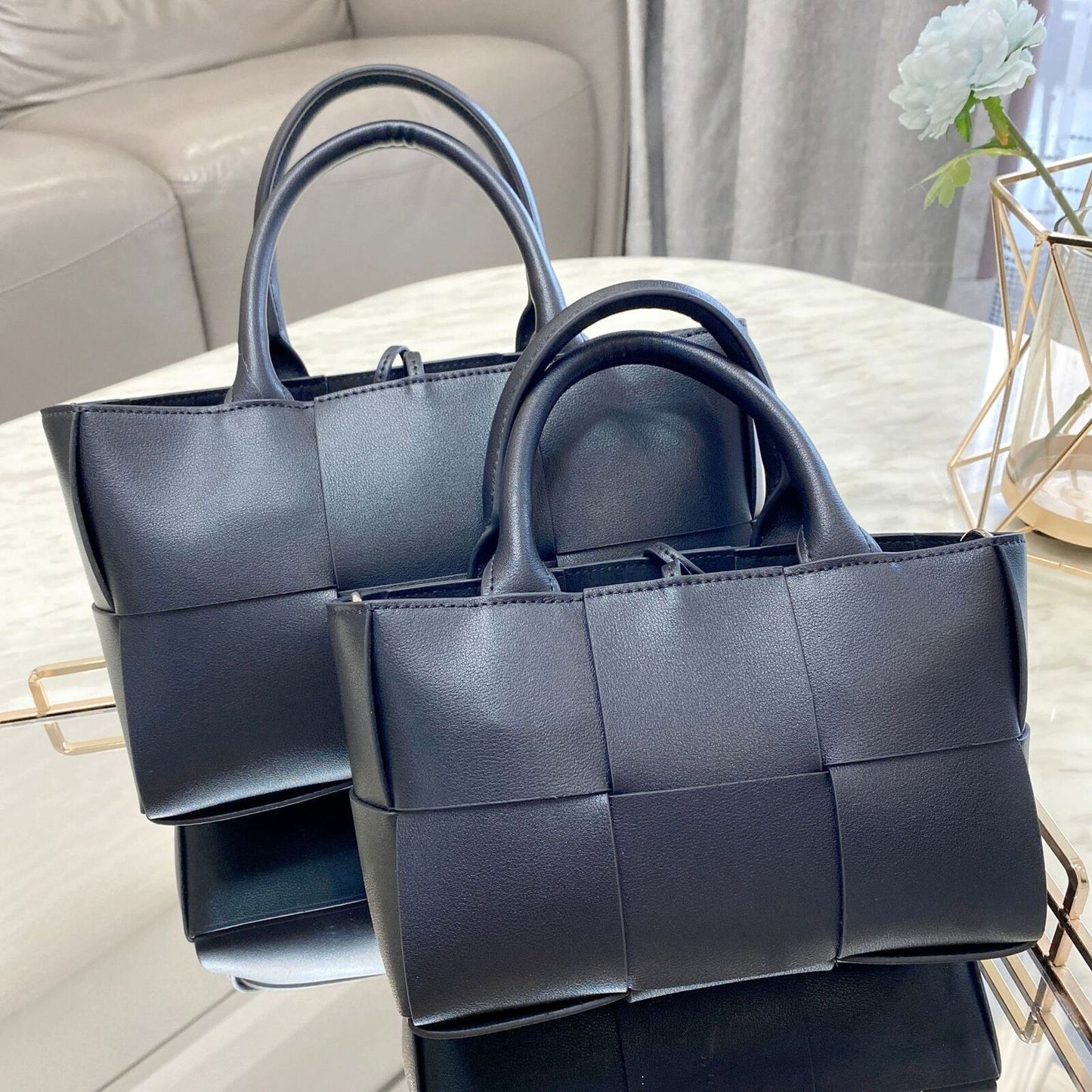 Small Woven Real Leather Tote Handbag Basket Fashion Purse Shoulder Bag w/ Strap