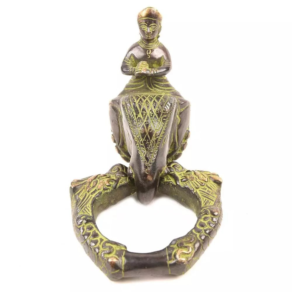 Antique Look Brass Elephant Face Green Patina Ring Door Knocker