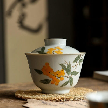 150ml Hand Painted Loquat Gaiwan Tureen Kung Fu Tea Ceremony Coffee Cups Bowls