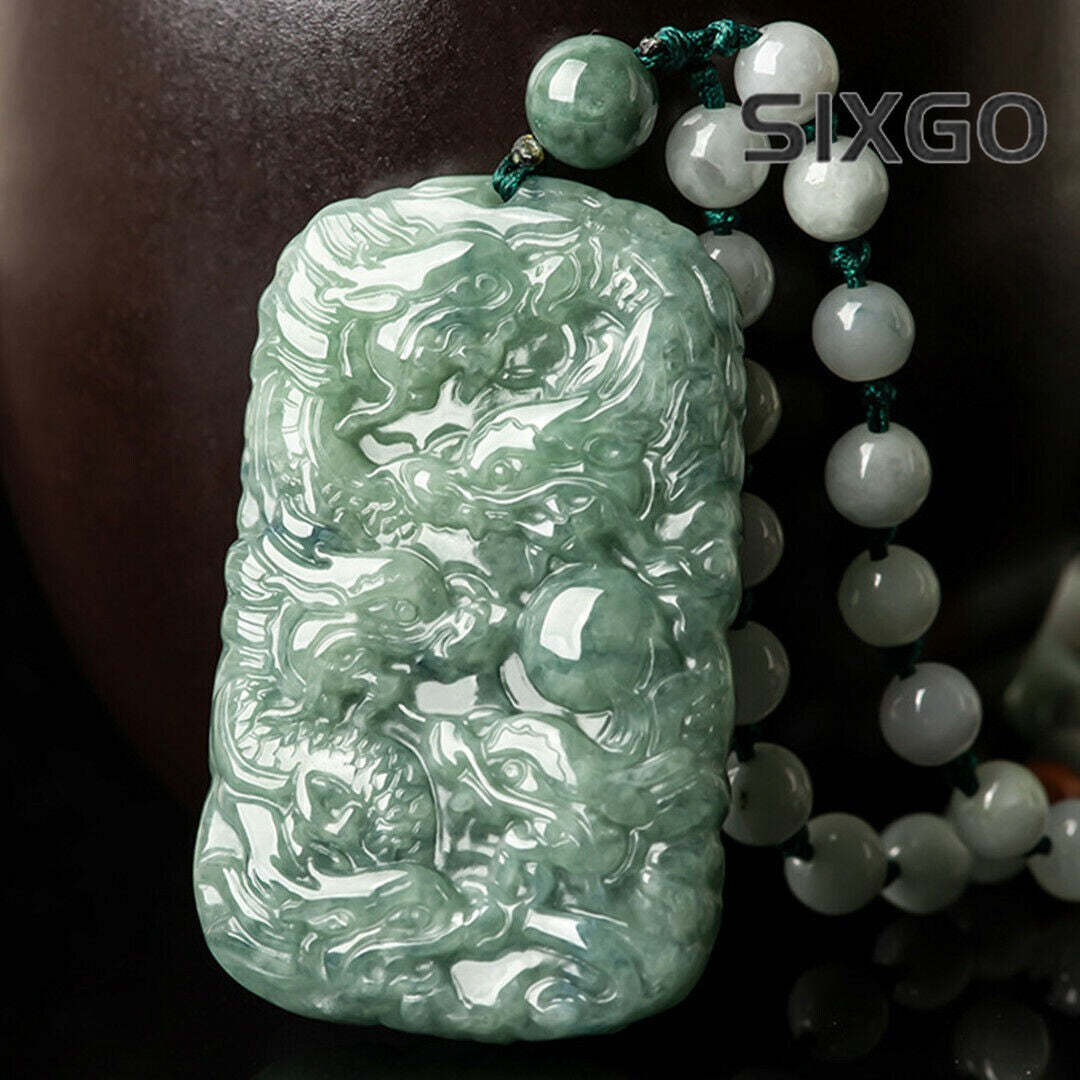 Fine Grade A Natural Green Jade Jadeite Engraved Nine Dragon Oblong Pendant