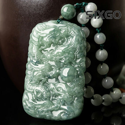 Fine Grade A Natural Green Jade Jadeite Engraved Nine Dragon Oblong Pendant