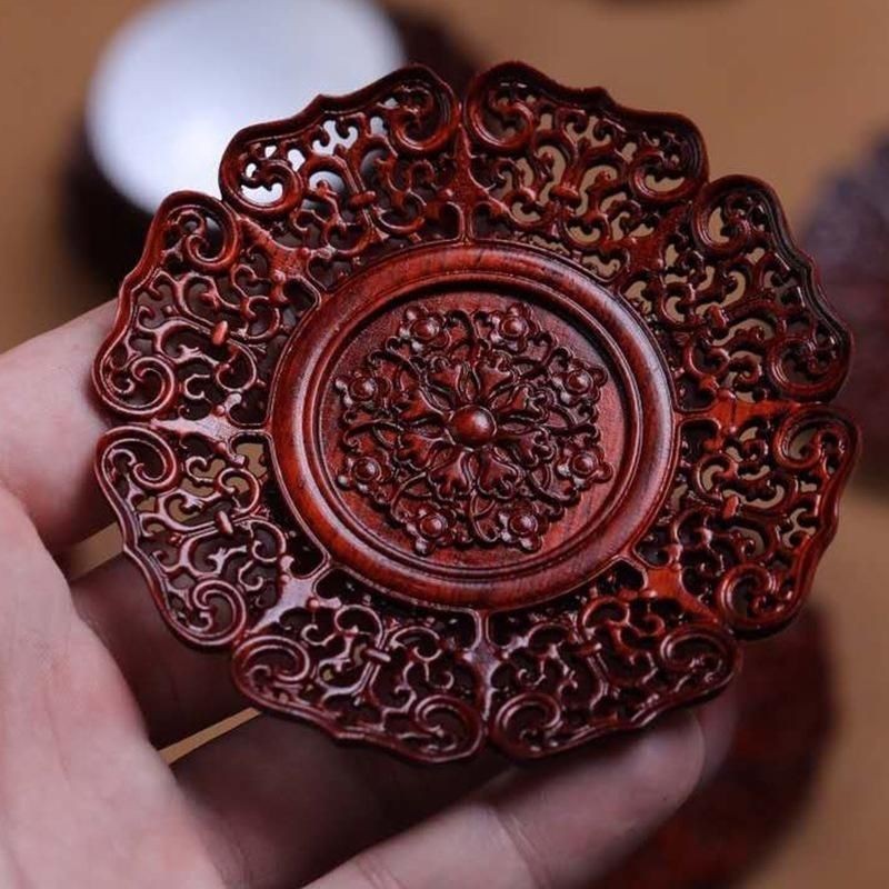 Vintage Small Leaf Rosewood Carved Tea Cup Coaster Heat Resistant Tea Tray 6cm
