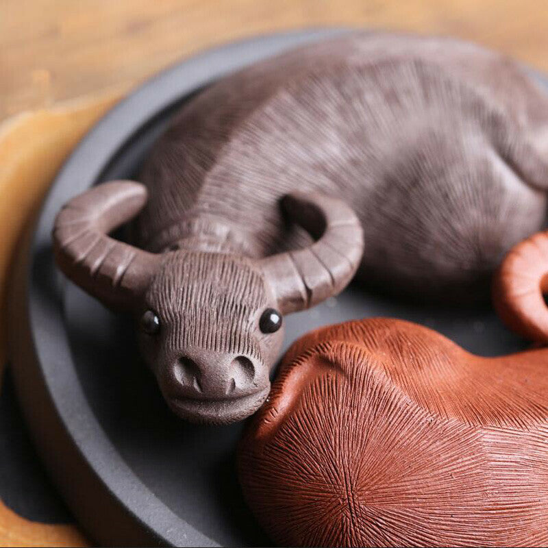 1Pcs YiXing Handmade Tea Pet Purple Clay The Two Water Buffalo Tea Decoration