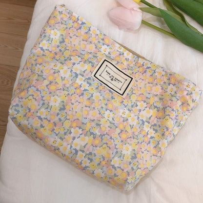 Floral Makeup Bag Large Cotton Fabric Cosmetic Traveling Case Storage Organizer