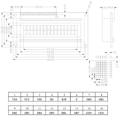 16x2 Dot Matrix Backlit LCD Module w/ Header Pins, Includes Driver & Controller
