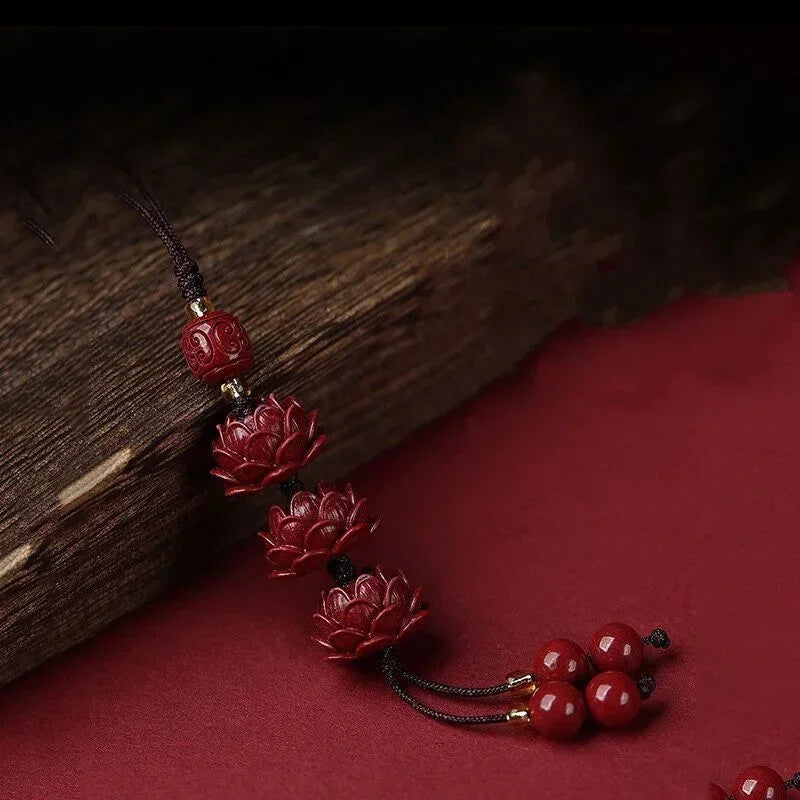 Buddhism Cinnabar Lotus Key Chain Organic Jewellery Carved Fashion Chinese