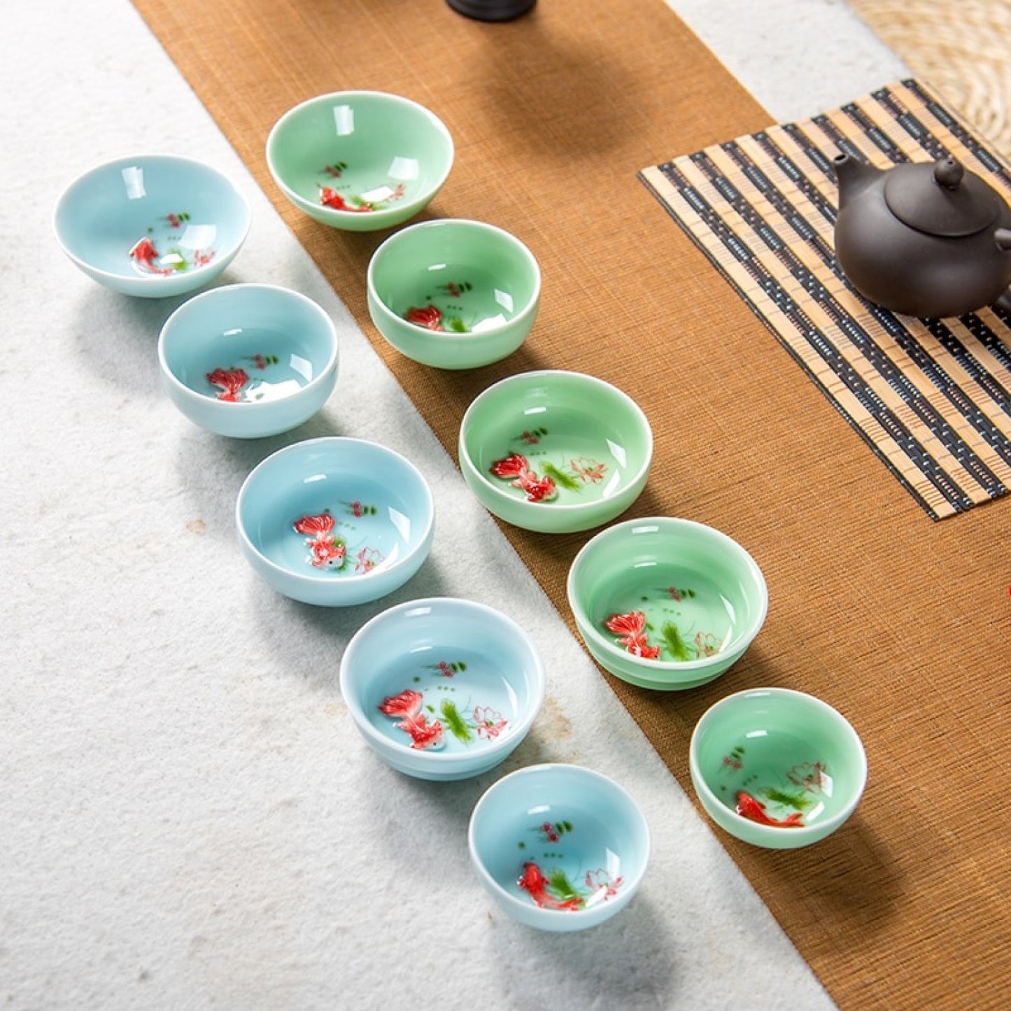 Chinese Tea Cups Porcelain Celadon Fish Teacup Set Loose Leaf Teapot Drinkware