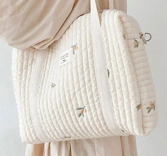 Flower Embroidery Pattern Baby Beige Zipper Diaper Handbag Luggage Bag