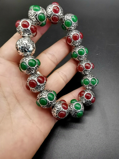 Old Tibetan silver hand-carved Tibet silver inlaid red Green jade bracelet