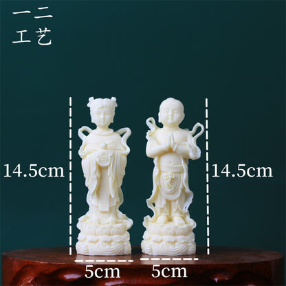 Tagua Nut Golden Boy and Jade Girl Ornament Home Buddha Statue Tea Pet