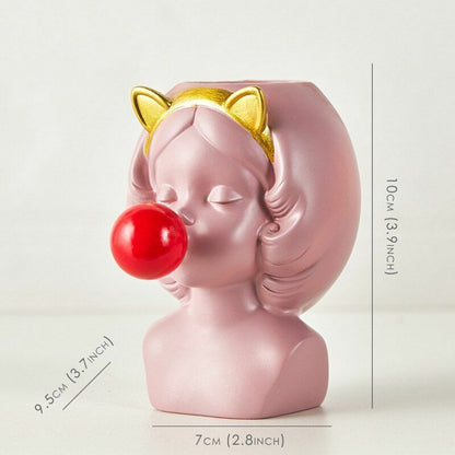 Resin Vase Cute Girl Bubble Gum Figurine Decorative Plant Flower Pot Modern Home
