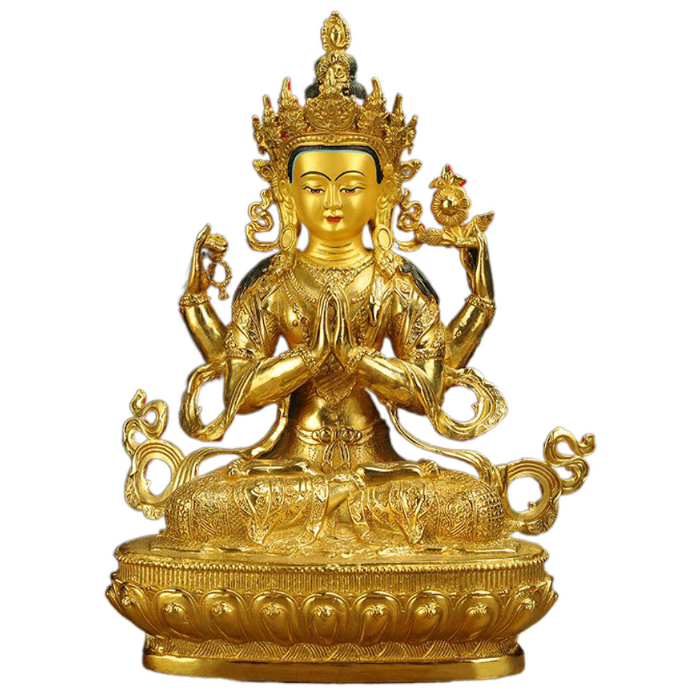 8" Chenrezig Kwan-yin 4 Arms Guanyin Divinity Buddha Statue Pure Bronze Gilt