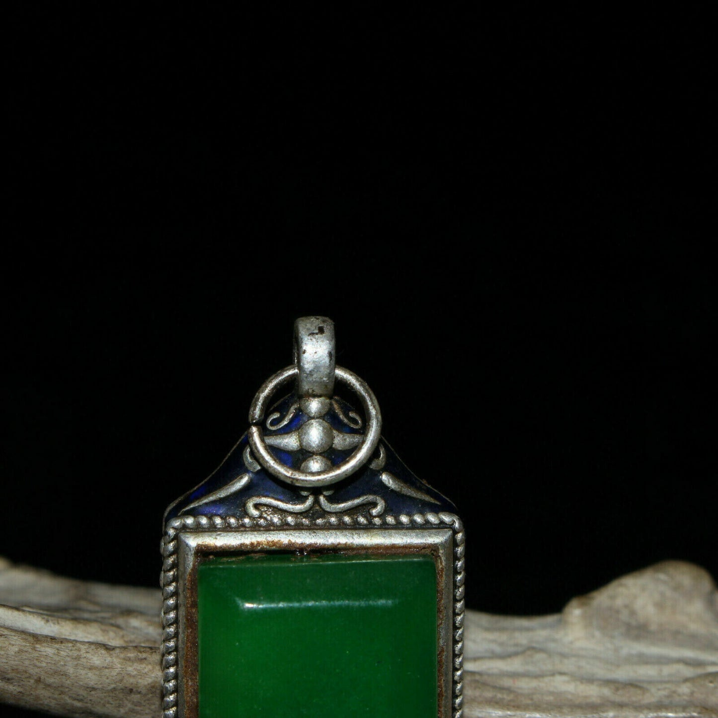 Old Chinese Tibetan silver inlaid green jade pendant